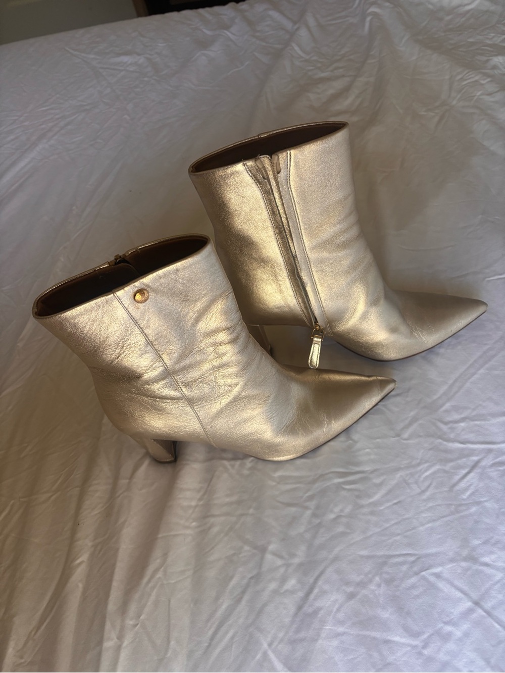 Tory Burch Metallic Silver/Gold Pointed Toe Ankle Booties with Side Zip